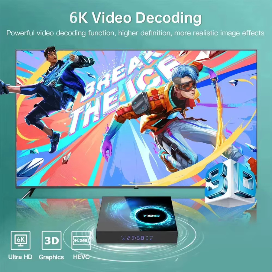 T95 Smart TV Box Android 14 Media Player mit 8GB RAM und 256GB Speicher, Allwinner H616, Dual WiFi, Bluetooth 5.4 und Google Voice Unterstützung, Schwarz - Bild 3