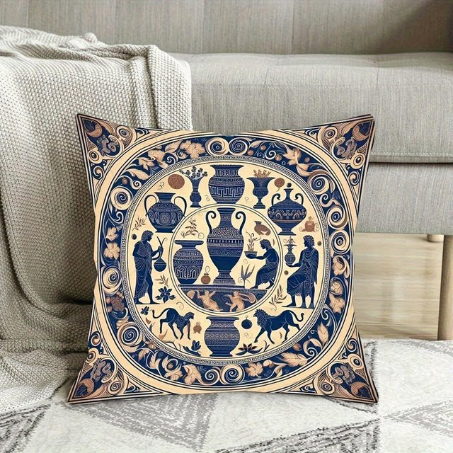 Dekorativer Kissenbezug mit antiker griechischer Vase von JMG Clothing in Blau und Beige, quadratisch, B/B: 45 x 45 cm - Bild 1