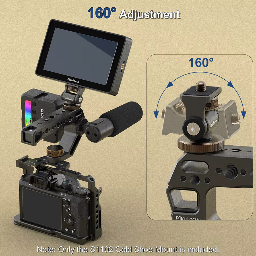 Minifocus Field Monitor Mount Halterung in Schwarz mit neigbarer Kaltschuhhalterung für 5 Zoll und 7 Zoll Monitore sowie Kamera-Blitzschuh-Lichthalterung - Bild 3