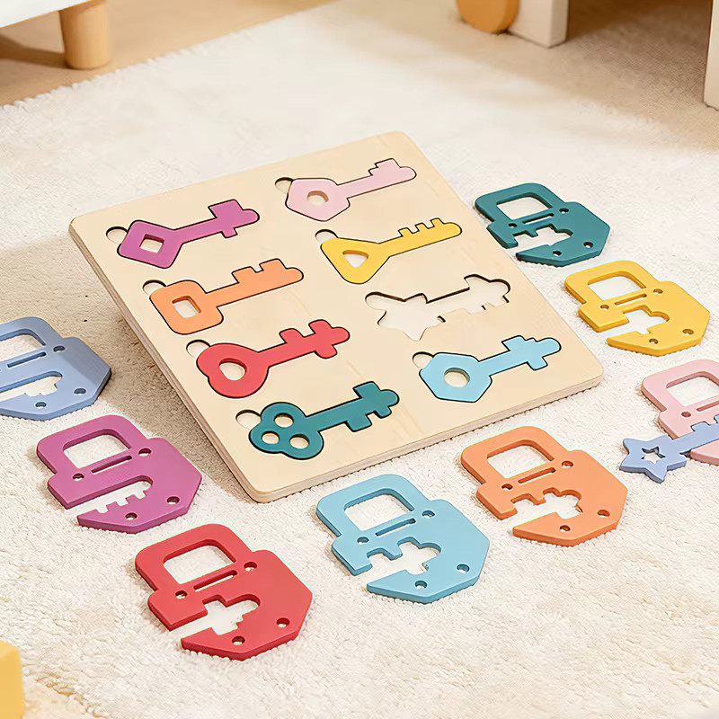 Dusan Wood Montessori Holz-Schloss-und-Schlüssel-Zuordnungsspielzeug, Buntes Formensortierpuzzle - Bild 1