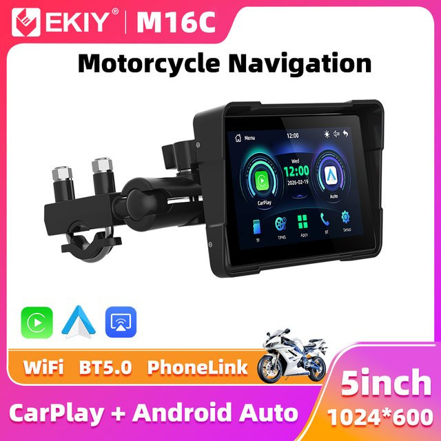 EKIY Tragbares Motorrad-Navigationsdisplay mit 5,0 Zoll CarPlay und Android Auto, Wireless Bluetooth, Wasserdicht mit TPMS, Schwarz - Bild 1