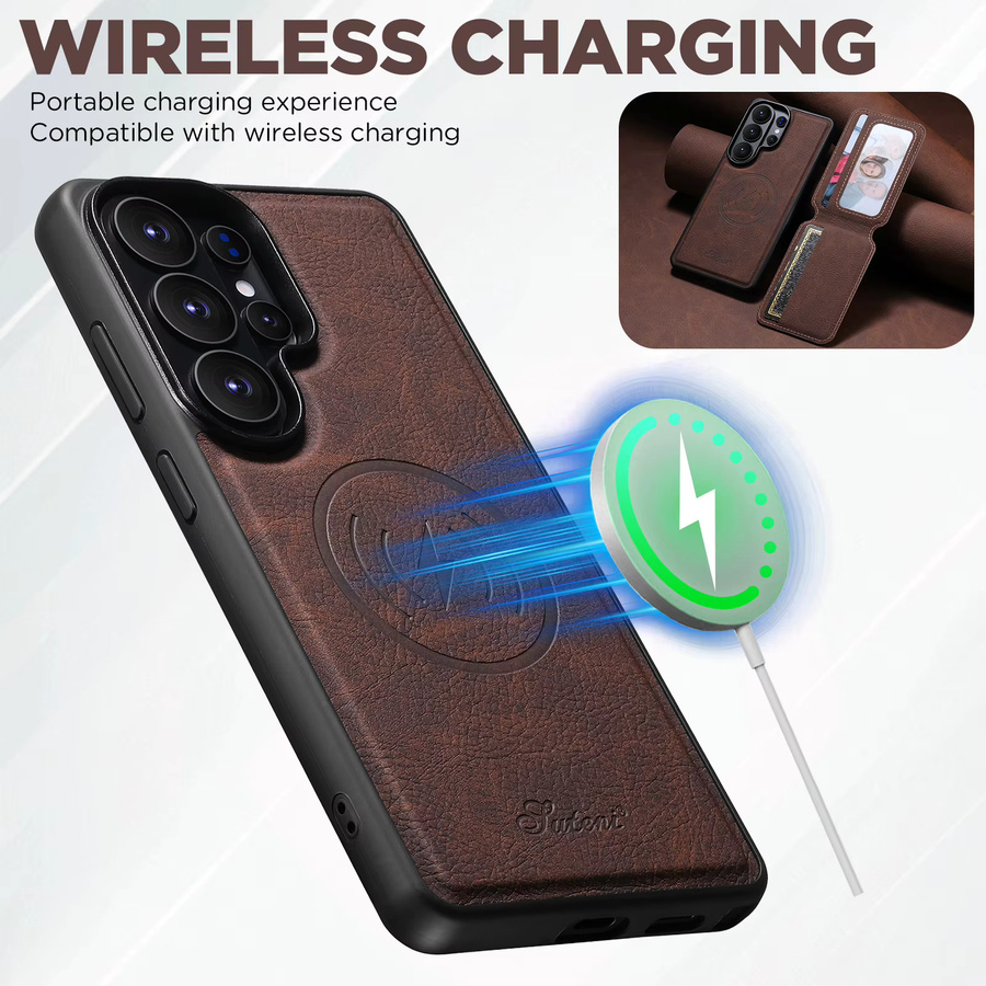 SUTENI Kunstleder Handyhülle mit Magnetkartenhalter und Ständer für Samsung Galaxy S26 Ultra S25 Plus S24 S23+ in Braun mit kabelloser Ladefunktion - Bild 4