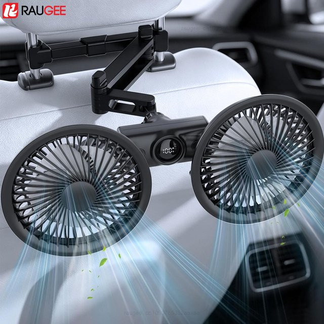 raugee USB-Auto-Rücksitzventilator mit LED-Anzeige und 360 Grad rotierendem Doppelkopf in Schwarz - Bild 1