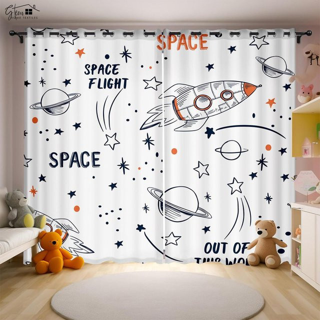 Yiran Furniture Cartoon Universum Vorhänge mit Astronaut, Rakete und Mond für das Kinderzimmer, 2er-Set, Farbe: Weiß, B: 85 cm, H: 200 cm - Bild 1