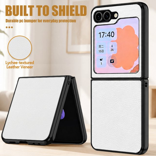 Schwarze Litchi Grain PU-Leder Handyhülle mit hartem PC-Rahmen für Samsung Galaxy Z Flip8, Flip7, FE, Flip6, Flip5, Flip4 und Flip3 - Bild 1
