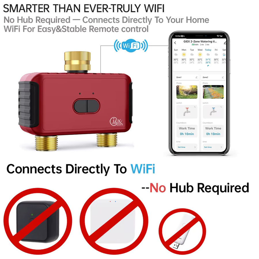 Giexperience WLAN Dual-Zonen Smart Bewässerungstimer in Rot, kompatibel mit Alexa und Google Assistant, ohne Hub für Tropf- und Sprinklerbewässerung - Bild 2