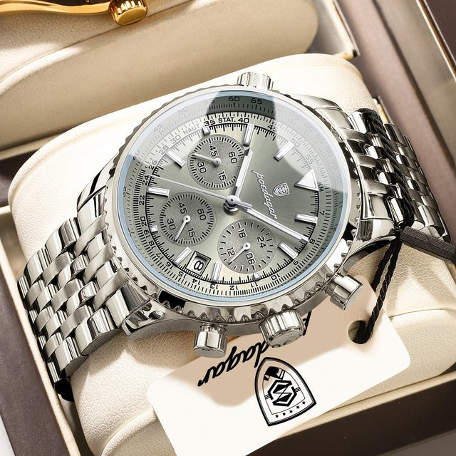 POEDAGAR Armbanduhr, Chronograph, Quarz, Edelstahl, Silber, Herren - Bild 1