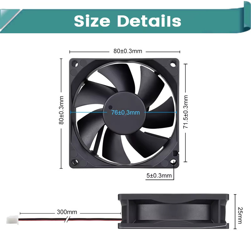 Gdstime Dual Ball Axial Lüfter 8025 für PC CPU und Schrankkühlung, Schwarz, B: 80 mm, T: 80 mm, H: 25 mm - Bild 5