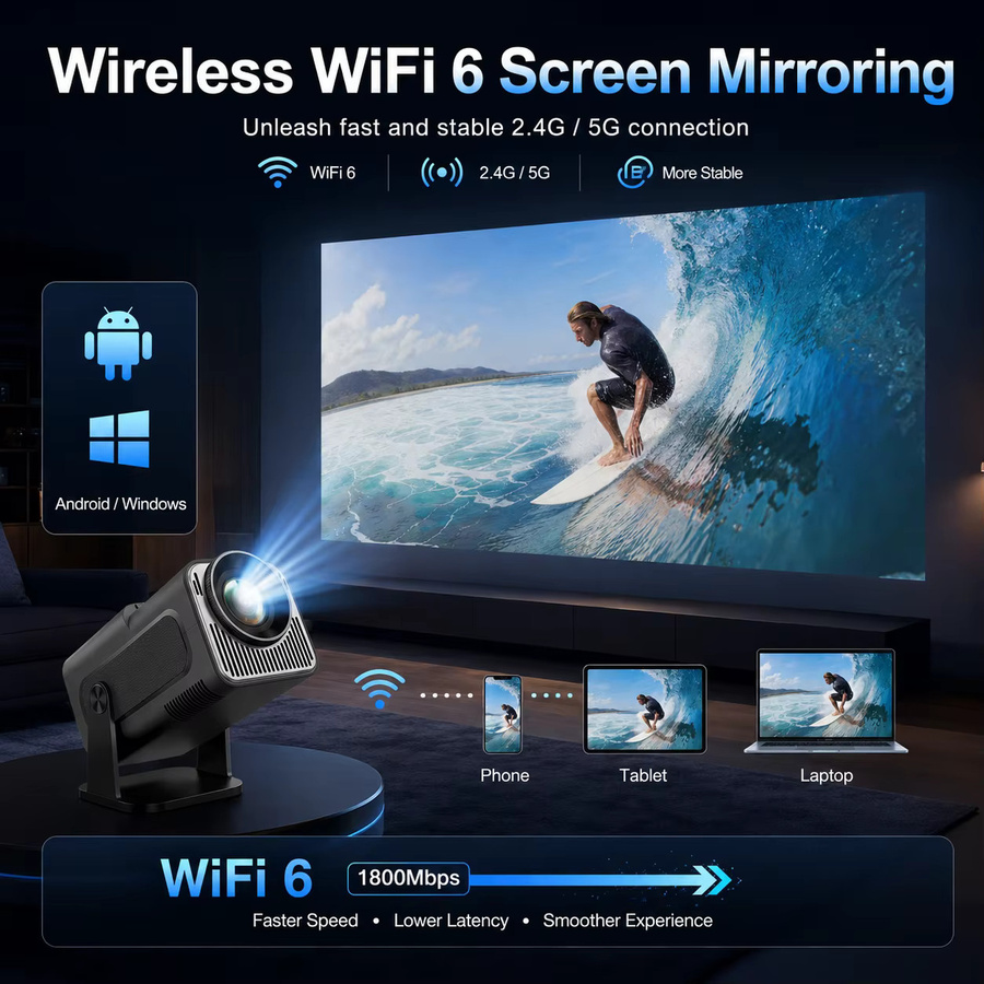 ZNLYRION Mini Smart Projektor mit 4K Dekodierung, Android 11.0, WiFi 6 und Bluetooth 5.0, tragbares Heimkino mit automatischer Trapezkorrektur für bis zu 130 Zoll Bildschirm - Bild 3