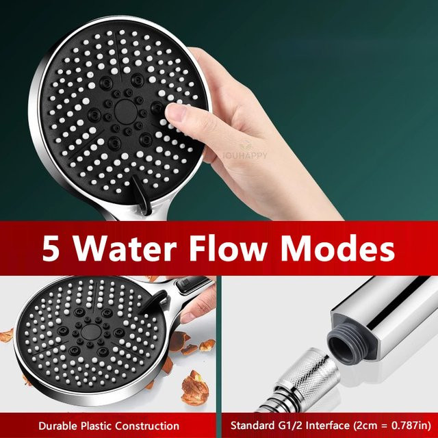 IOUHAPPY Handbrause Duschkopf mit 5 Strahlmodi in Chrom und Silber, Durchmesser: 26,0 cm - Bild 1