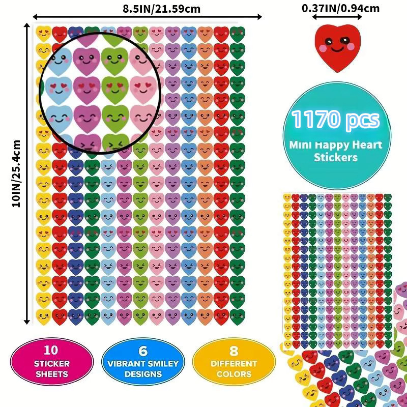 1170 Happy Hearts Selbstklebende Herzaufkleber in Bunt als Dekorative Etiketten für Valentinstag und Hochzeiten - Bild 2