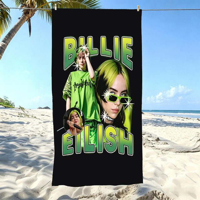 JMG Household Supplies Strandtuch Billie Eilish aus Mikrofaser, schnelltrocknend und weich, Multicolour, Breite: 120 cm, Länge: 180 cm - Bild 1