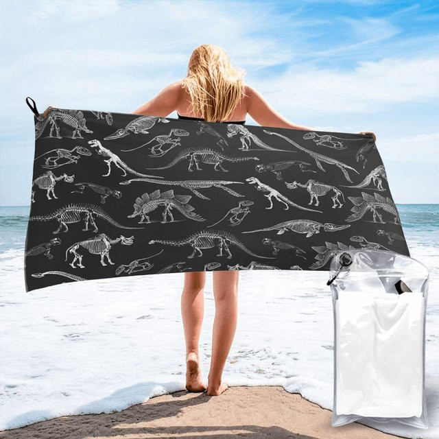 Strandtuch mit Dinosaurierskelett-Motiv von JMG Household Supplies in Schwarz-Weiß, schnelltrocknend und saugfähig, B/B: 80 x 160 cm - Bild 1
