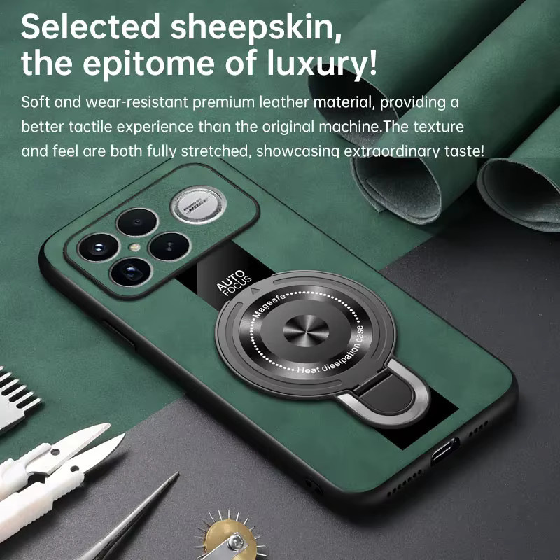 Xiaomi POCO F8 Ultra und POCO F8 Pro Schutzhülle aus PU Leder mit MagSafe, kabellosem Laden, Ring-Ständer und Stoßfestigkeit in Blau oder Grün - Bild 5