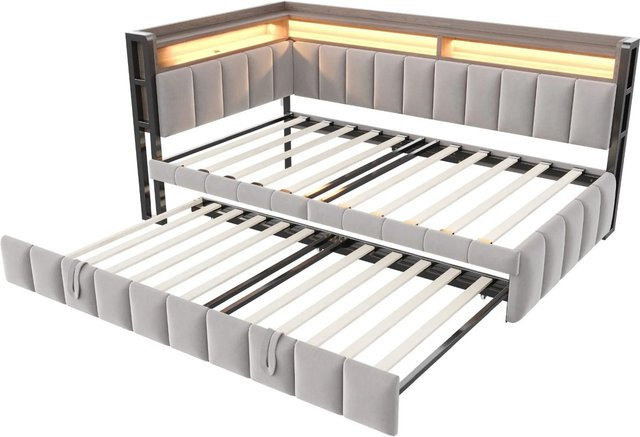 Merax Schlafsofa mit Ausziehfunktion und LED-Beleuchtung sowie USB-Anschluss, Samt, Hellgrau, B: 90 cm, L: 200 cm - Bild 1