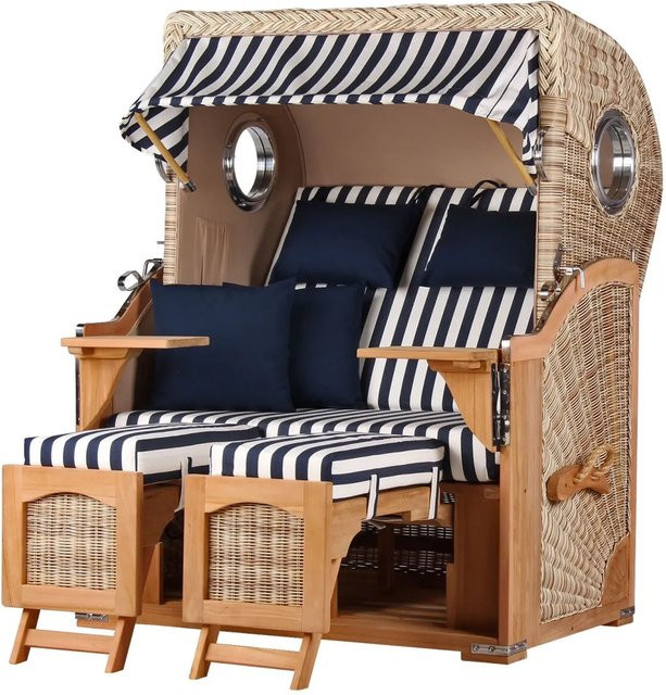 Bene Living Strandkorb Komplettset Ammersee Teak Bullauge PE Shell Modell 518 in Blau gestreift - Bild 1