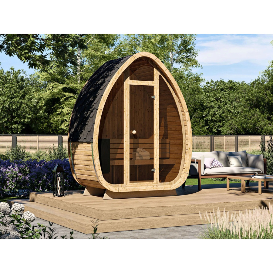 Fjordholz Fass-Sauna Modell Luxe-1 Plus aus Blockbohlen in Braun mit Thermoholz und Espenholz - Bild 2