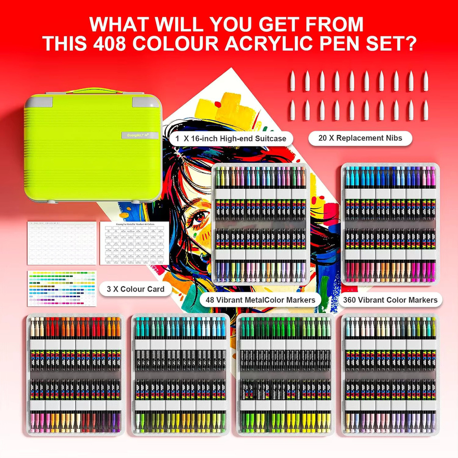 GUANGNA Acryl-Farbmarker Set mit 408 Farben und weicher Pinselspitze für professionelle DIY-Bastelarbeiten in Multicolour - Bild 4