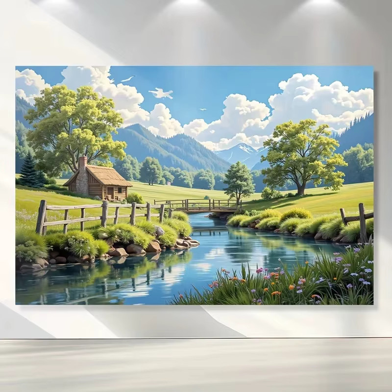 VIKAMA Wandtapete mit ländlichem Landschaftsmotiv in Grün und Multicolour, dekorative Tapete mit Steinhaus und Naturmotiv - Bild 4