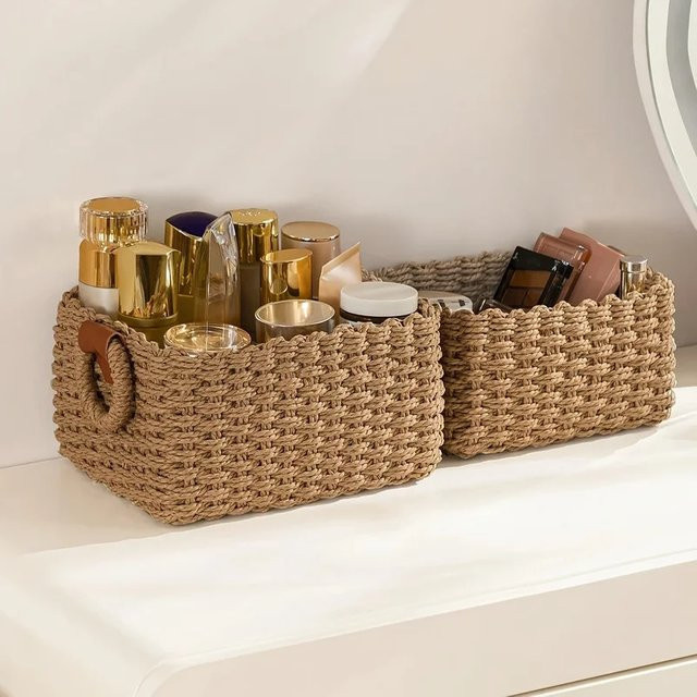 Dekorativer Aufbewahrungskorb aus Papierseil mit Griffen in Beige, B/T/H: 13 x 13 x 26 cm - Bild 1