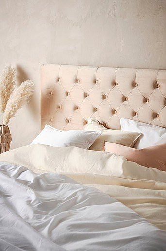 SKENE Kopfteil von Jotex in Beige, Wandmontage, Polsterteil aus Stoff und Velvet, Breite: 180 cm, Höhe: 122 cm, Tiefe: 10 cm - Bild 1