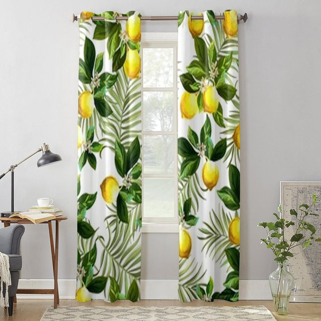 Super Six Zitronen-Stoffvorhänge mit floralem Design, semi-transparent, Weiß, 2er-Set, B: 70 cm, H: 100 cm - Bild 1