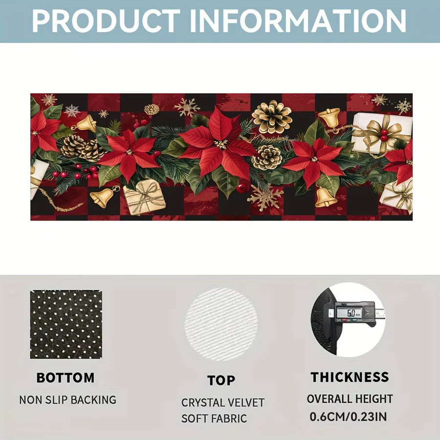 VIKAMA Weihnachts-Flurläufer aus Kristall-Samt in Rot Kariert, Dekorativer Teppich für Wohnzimmer und Flur, Breite: 50 cm, Tiefe: 120 cm - Bild 3