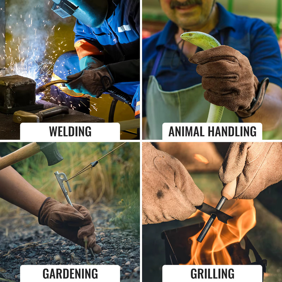 OneTigris Schweißhandschuhe aus braunem Rindsleder, feuerfeste und wärmeisolierende Arbeitshandschuhe für BBQ, Camping und Holzofen - Bild 4