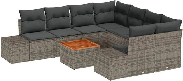 vidaXL Garten-Sofa-Set 9-teilig in Grau mit Polstern aus Polyrattan und pulverbeschichtetem Stahl - Bild 1