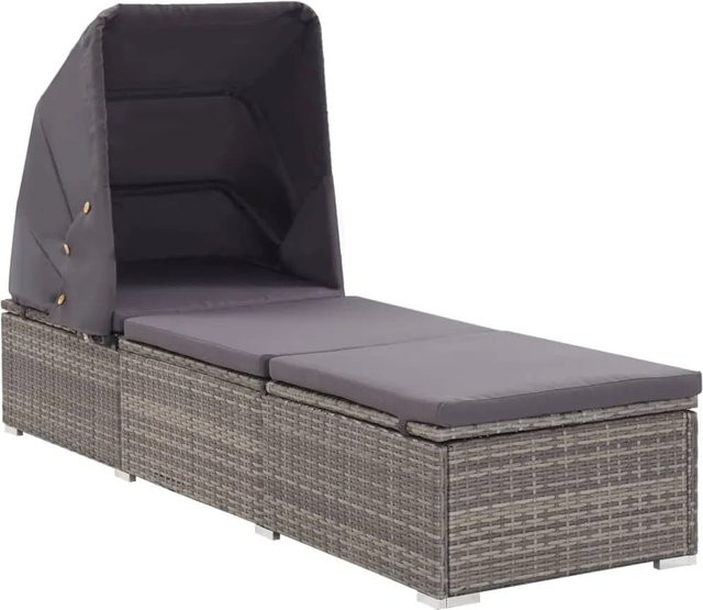 vidaXL Sonnenliege aus Poly Rattan in Grau mit Sonnenschutz und Auflagen - Bild 1