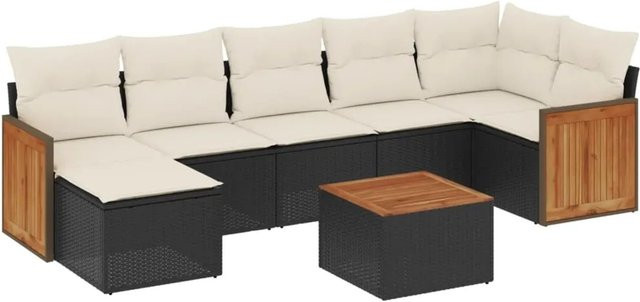 vidaXL 8-teilige Garten-Sofagarnitur in L-Form aus Polyrattan und Akazienholz mit Kissen in Schwarz - Bild 1