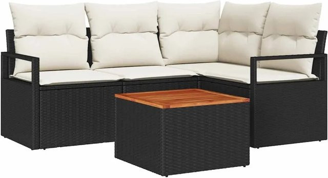 vidaXL Garten-Sofa-Set in U-Form mit Kissen und Couchtisch, 5-teiliges Poly-Rattan-Set in Schwarz und Beige mit wetterfesten Polstern und Akazienholz-Elementen - Bild 1