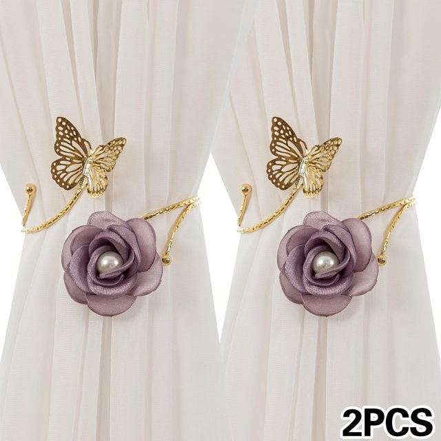 2 Stück XYKK01 Gardinenhalter aus Metall in Gold mit Schmetterling und Perlenblumen Design, verstellbare Gardinenclips für Schlafzimmer und Wohnzimmer - Bild 1