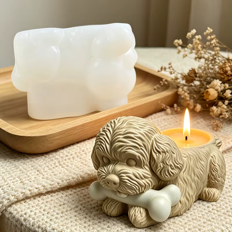 Silikonform für Hundeknochen-Kerzenbecher und Sukkulenten-Pflanztopf mit Motiv eines liegenden Hundes in Beige - Bild 2