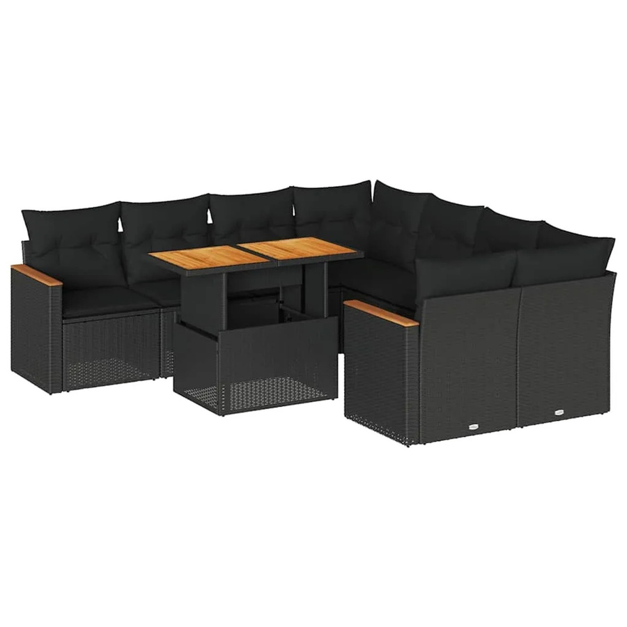 vidaXL 9-tlg Garten-Sofagarnitur in L-Form aus schwarzem Poly-Rattan mit Kissen und Akazienholz - Bild 2