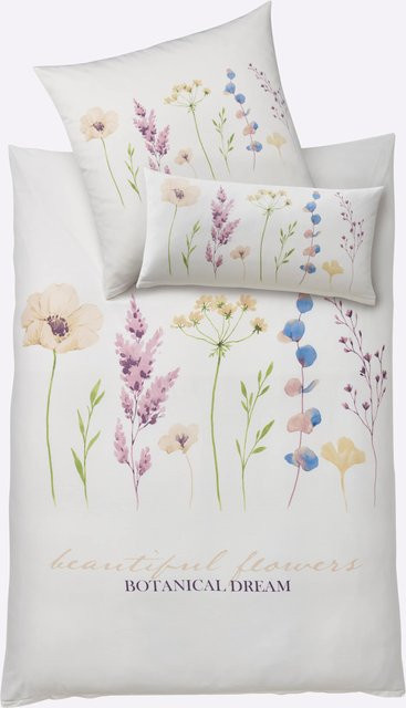 Bettwäsche aus Mako-Satin in Weiß-Vanille mit floralem Design, 100% Baumwolle - Bild 1