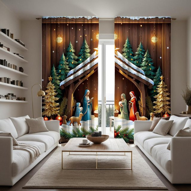 2er-Set Weihnachtsbaum-Dekorationsvorhänge mit digitalem Print in Gelb und Schwarz, B: 132 cm, H: 160 cm - Bild 1