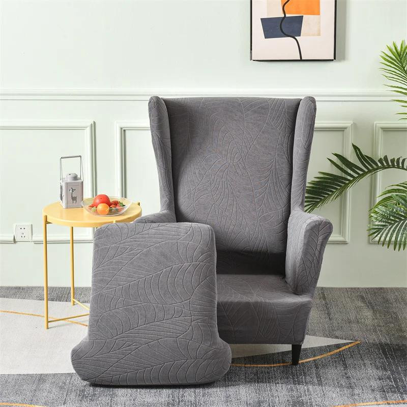 Elastischer Jacquard Ohrensesselbezug mit Sitzkissenbezügen in Grau von Household supplies MH, rutschfest und waschbar - Bild 2