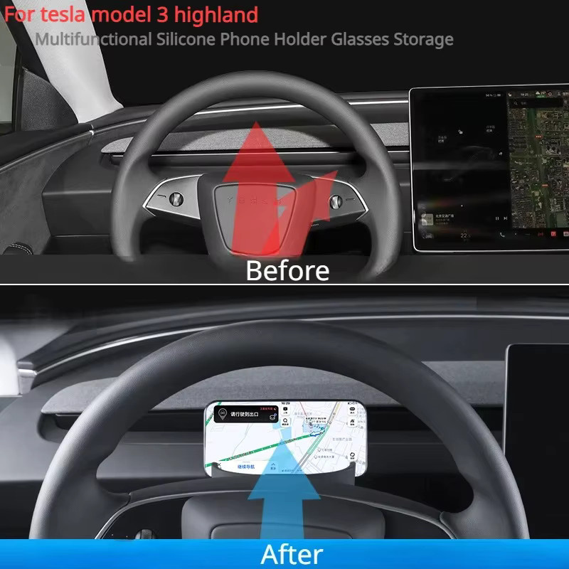 YouGallop Lenkrad-Aufbewahrungsbox für Tesla Model 3 und Model 3 Highland 2024 aus Silikon mit Handyhalter und Brillenaufbewahrung in Schwarz - Bild 3
