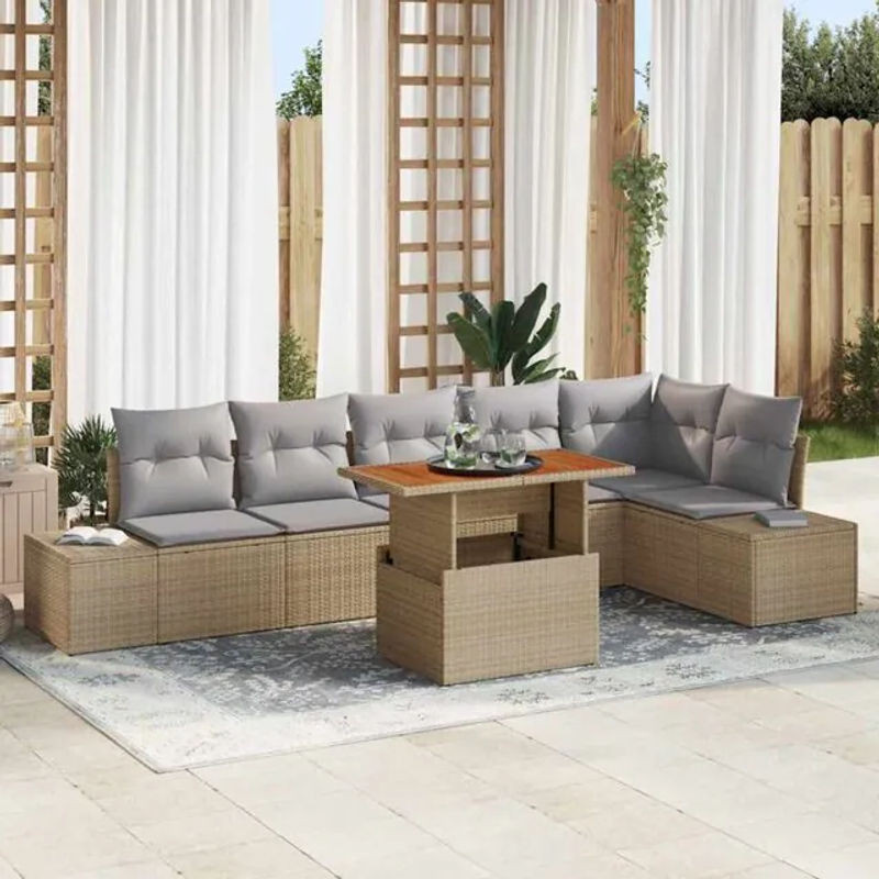 Vidaxl Garten Essgruppe aus Polyrattan mit 7-teiligem Set und Kissen in Beige und Grau, B/T/H: 100 x 55 x 73 cm - Bild 1