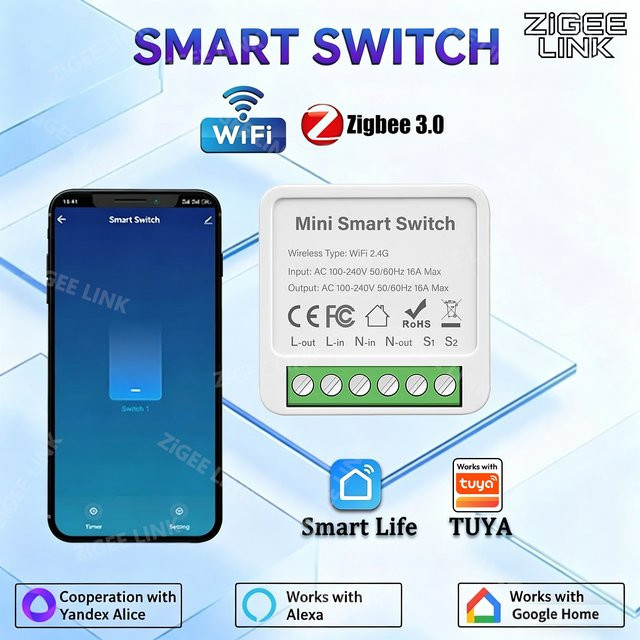 Shine-tale Smart Lichtschalter in Weiß mit ZigBee oder WLAN, DIY MINI Schalter für Smart Home Automation, unterstützt 2-Wege-Bedienung, kompatibel mit Tuya, Amazon Alexa und Google Assistant - Bild 1