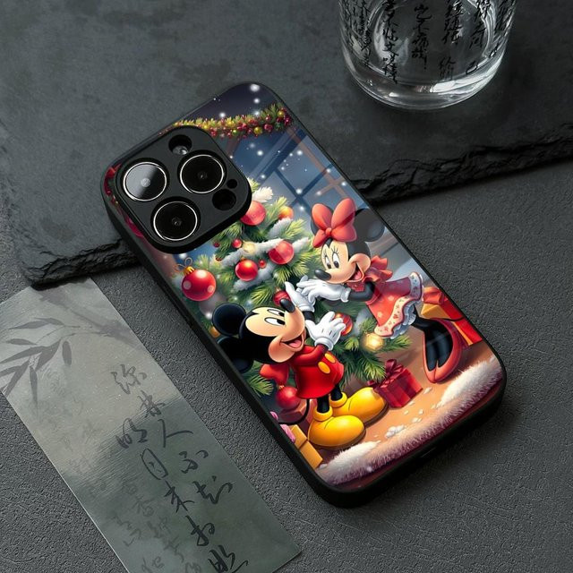 Mickey Mouse Frohe Weihnachten Handyhülle mit Luxus-Glasabdeckung für iPhone Modelle in Black und Multicolour - Bild 1