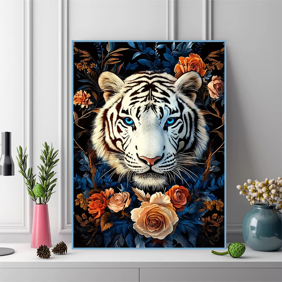 EverShine Diamantstickerei Tiger Bild mit Blumen als Strass Diamant Malerei Mosaik Wanddeko, Mehrfarbig, B/H: 30 x 20 cm - Bild 3