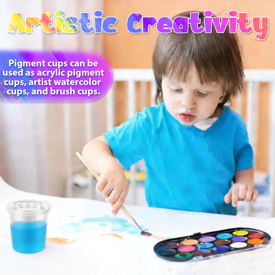 Set aus 5 oder 12 auslaufsicheren Farbbechern für Kinder aus Kunststoff in Mehrfarbig und Transparent mit Deckel als Pinselreiniger und Kunstbedarf - Bild 4