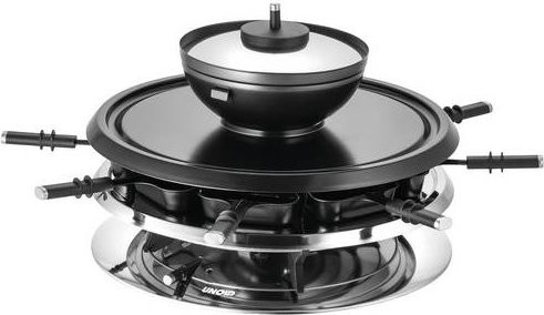 Unold Raclette Grill in Schwarz mit Antihaftbeschichtung, Edelstahl, stufenlosem Temperaturregler, Spritzschutz und 8 Fonduegabeln sowie 8 Pfännchen - Bild 1
