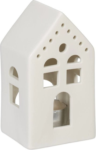 Relaxdays Teelichthaus aus Porzellan in Weiß, Hausform für die Winterzeit, B/T/H: 12 x 6,5 x 6 cm - Bild 1