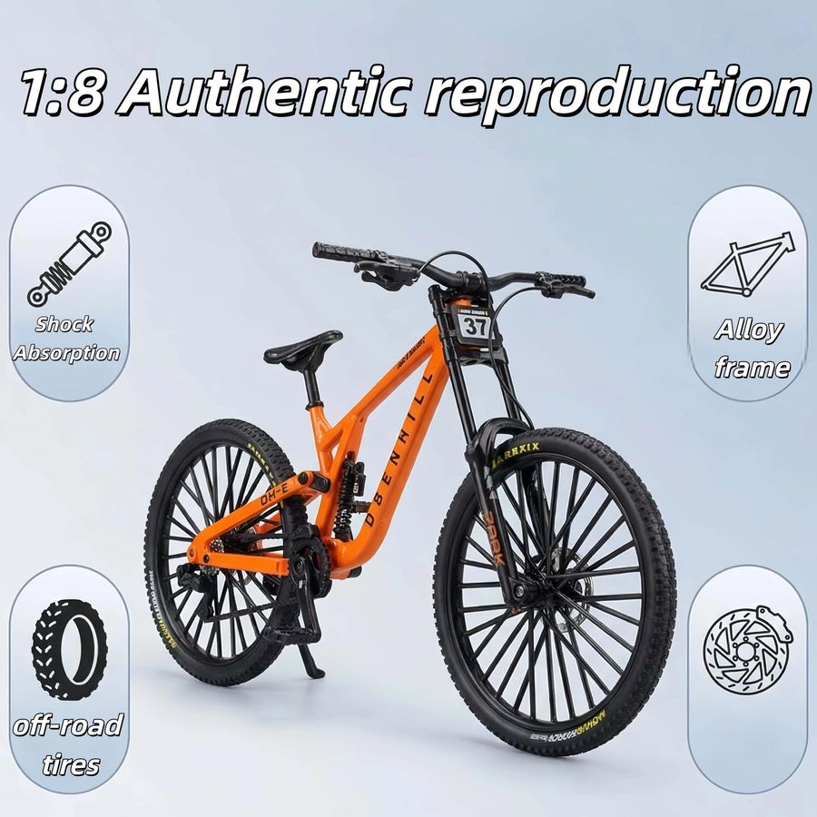 HRZPACT Mountainbike-Modell aus Legierung im Maßstab 1:8 in Orange mit doppelten Stoßdämpfern und abnehmbarer Nummer - Bild 2