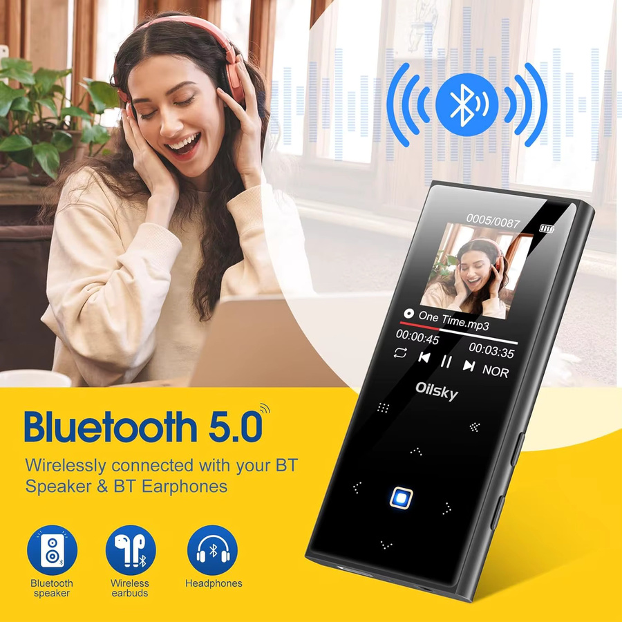 Oilsky MP3-Player mit 64 GB Speicher, Bluetooth 5.0, UKW-Radio, integriertem Lautsprecher und Diktierfunktion in Schwarz, erweiterbar bis 128 GB - Bild 3