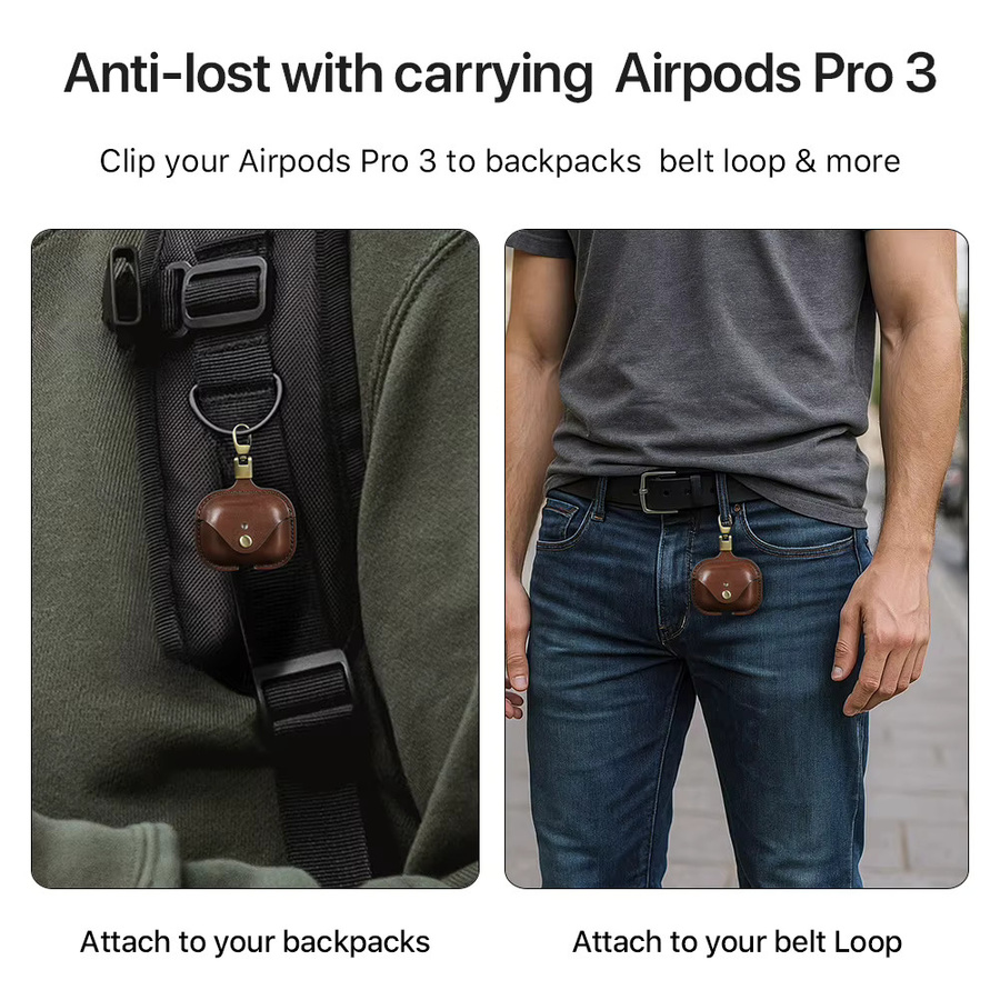 Echtlederhülle für Apple AirPods Pro der 1. Generation, 2. Generation und 3. Generation in Braun mit Haken - Bild 5