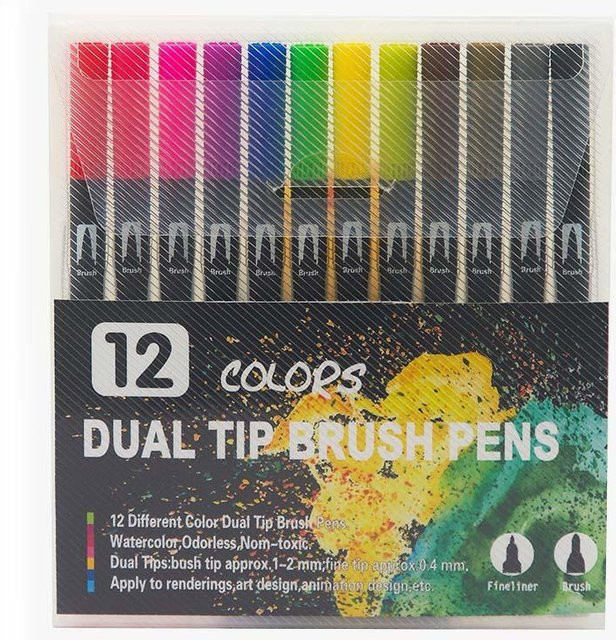 12-teiliges Marker-Stift-Set von TianJinGeErLiShangMaoYouXianGongSi mit Dual-Tip-Pinselspitze in Grau und Multicolour zum Zeichnen und Malen - Bild 1